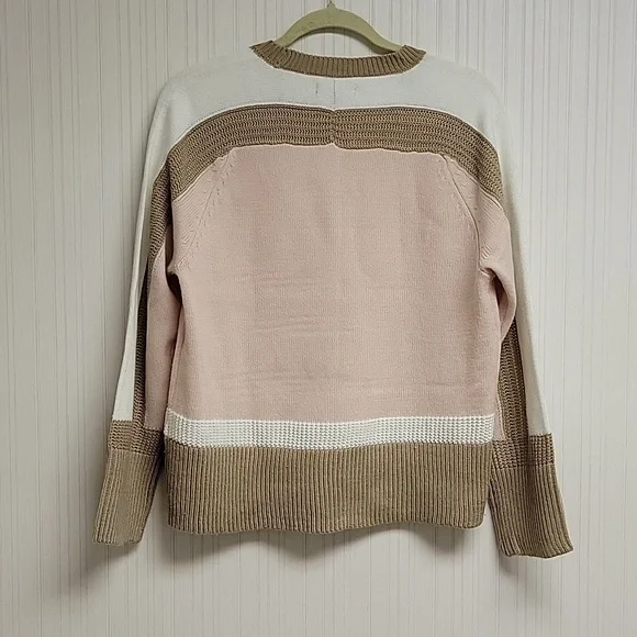 Halston Women's Colorblock Sweater - Pink, White, & Tan Small. Cottagecore Cozy - Picture 5 of 7